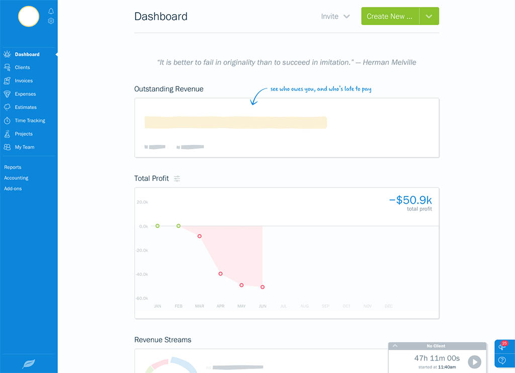 The FreshBooks dashboard