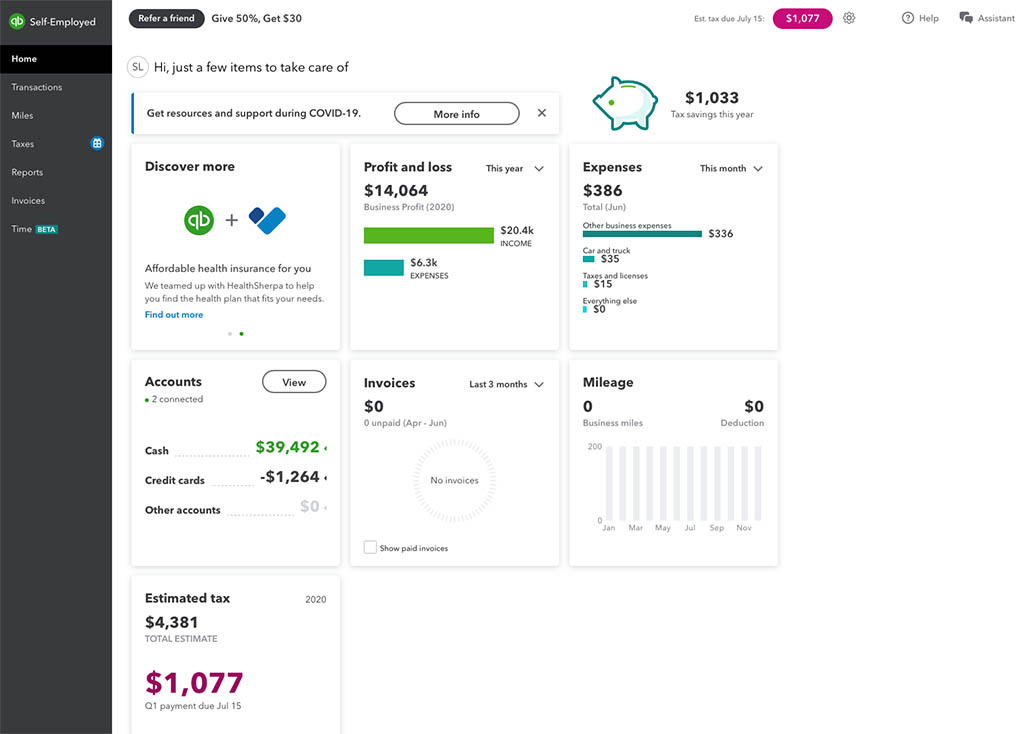 QuickBooks Self Employed dashboard