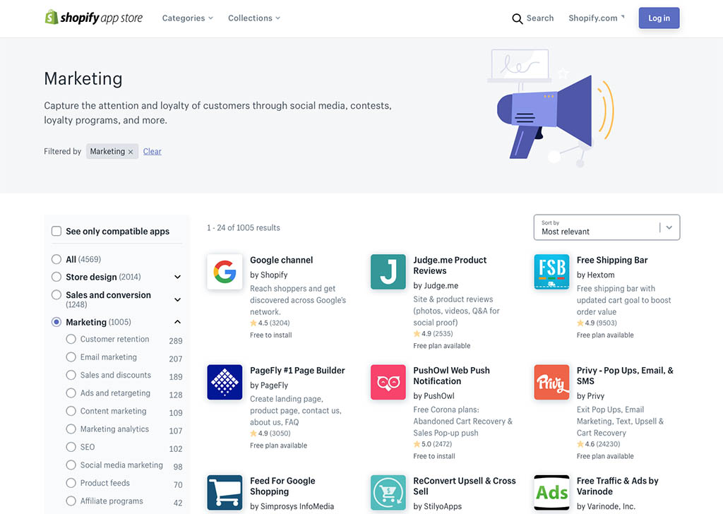 marketing section of the Shopify App Store