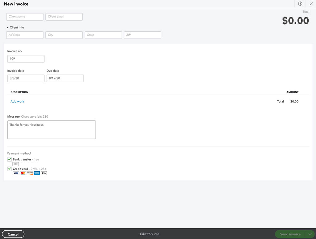 quickbooks create invoice screen