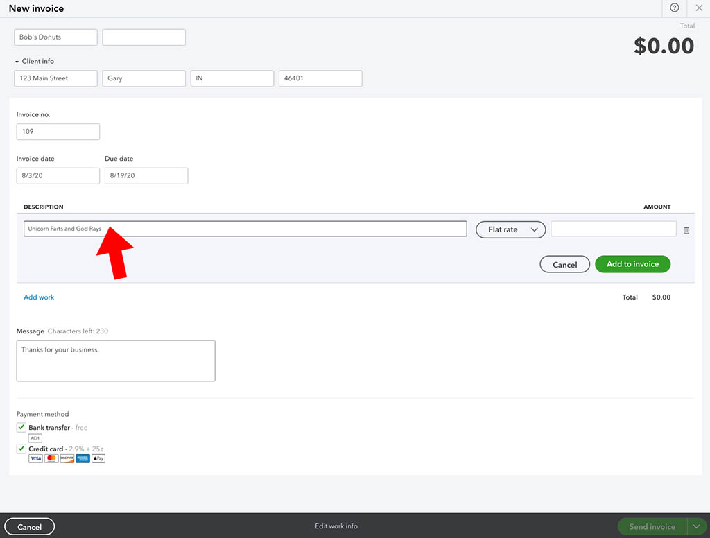 quickbooks fill out invoice details
