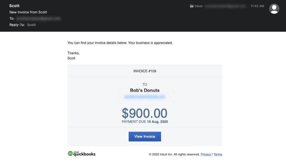 quickbooks invoice email example
